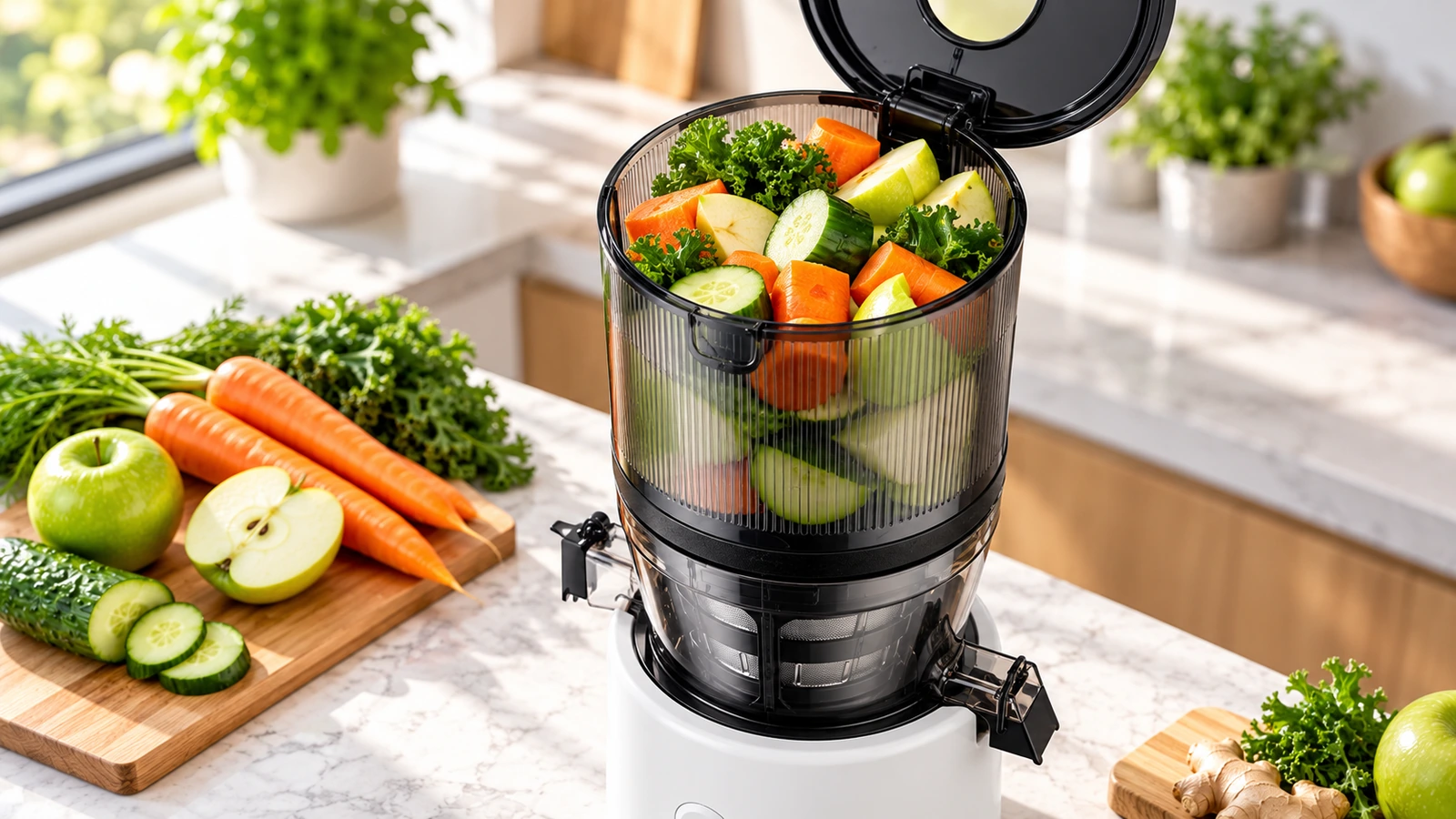 Geöffneter XL-Einfüllschacht des Hurom H320N mit Obst und Gemüse