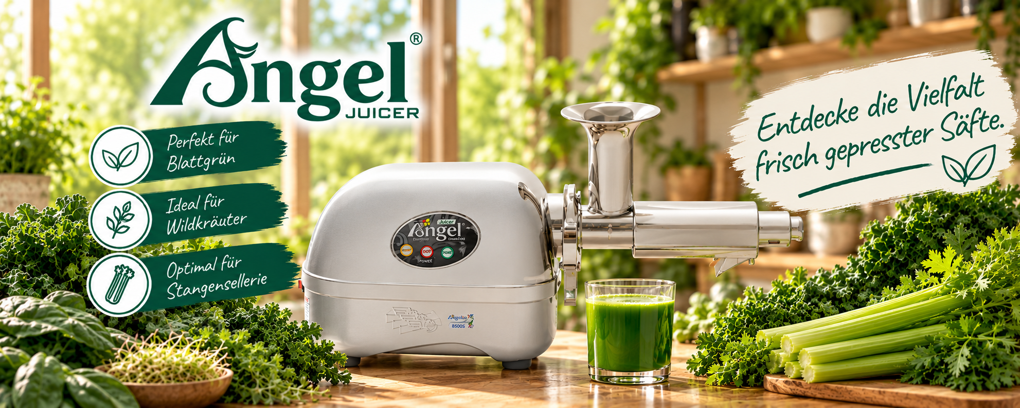 Angel Juicer Entsafter mit Blattgrün, Wildkräutern und Stangensellerie
