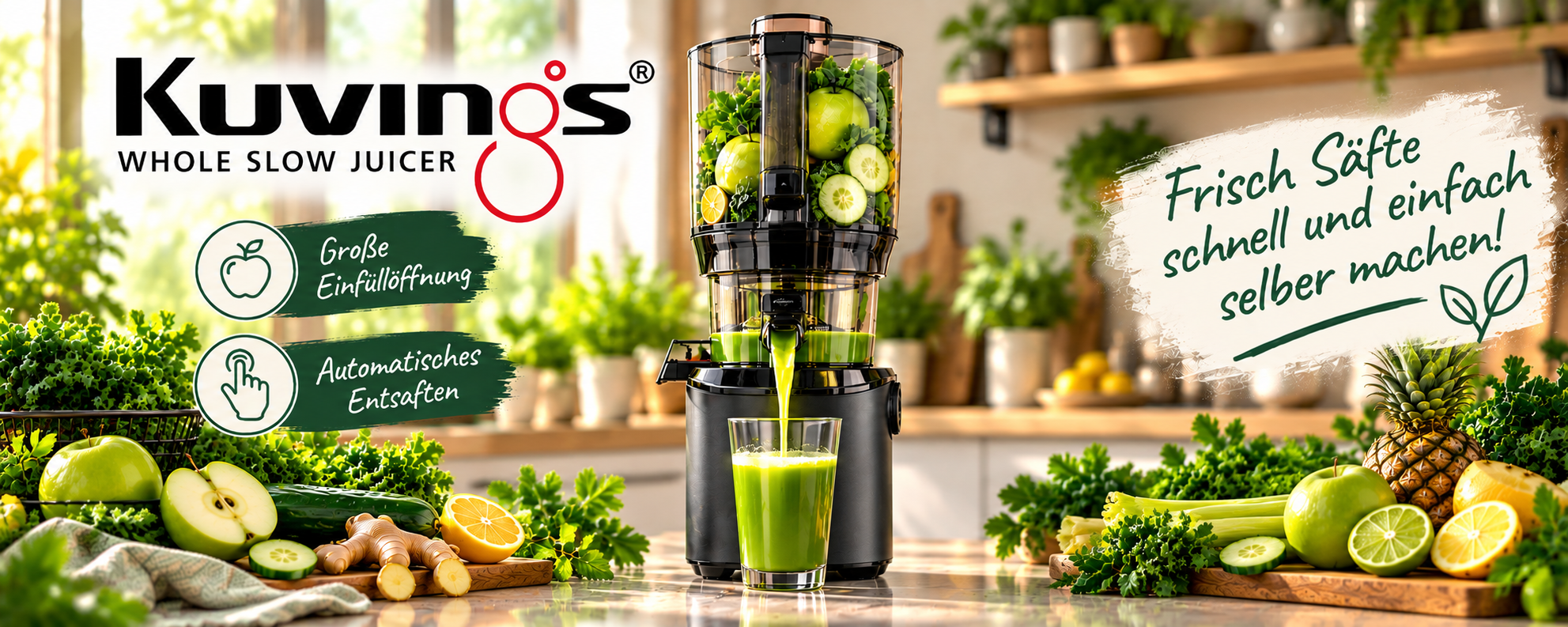 Kuvings AUTO10S Slow Juicer mit Auto-Feed und frischem grünen Saft