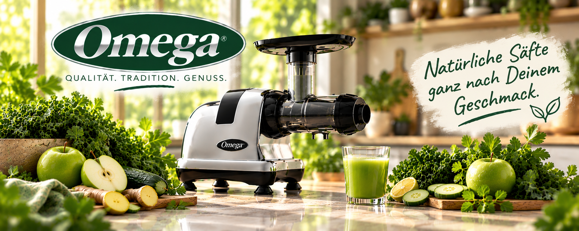 Omega Entsafter und Slow Juicer mit frischem grünen Saft