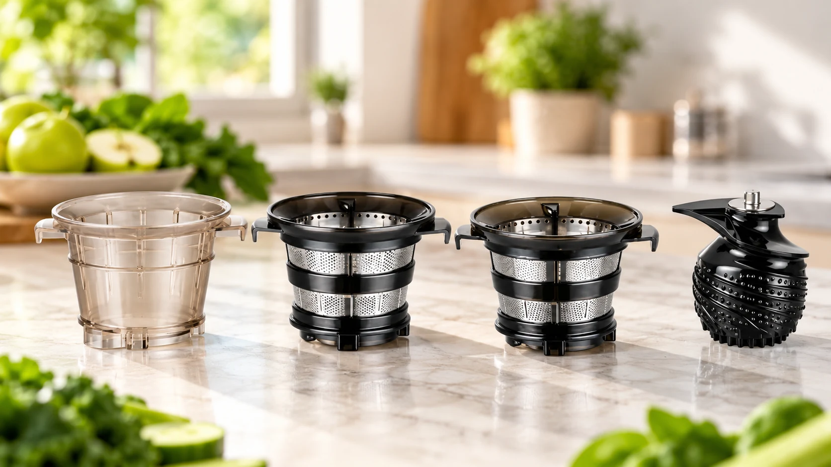 Pressschnecke und Siebe des Hurom H80-ST Slow Juicers